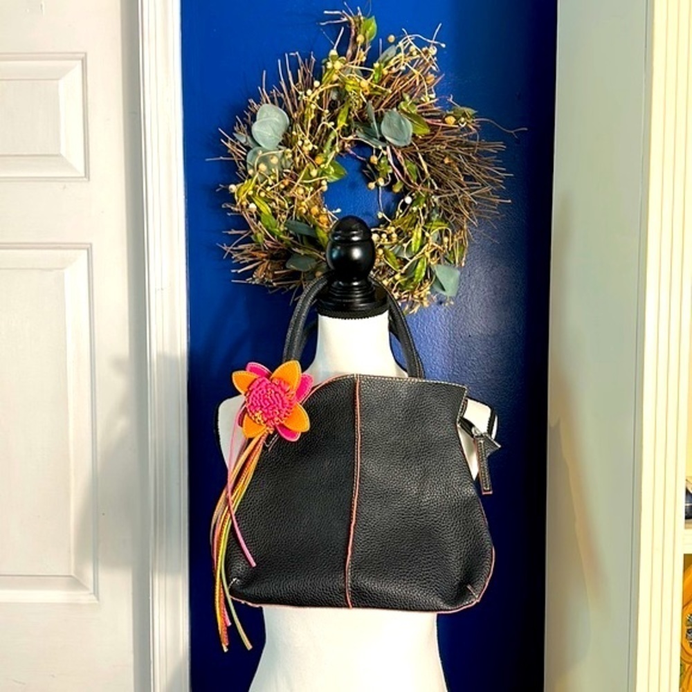 MELLOW WORLD Black Aster Tote Handbag Purse 3D Flower Vegan Leather